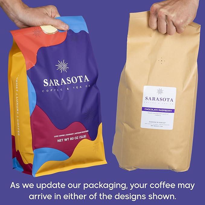 Sarasota Coffee Ground Chocolate Raspberry | Medium Roast Gourmet Flavored Coffee Grounds | Low Acid, Mold Free, Specialty Grade Flavored Bulk Ground Coffee | 5lb (80 oz)