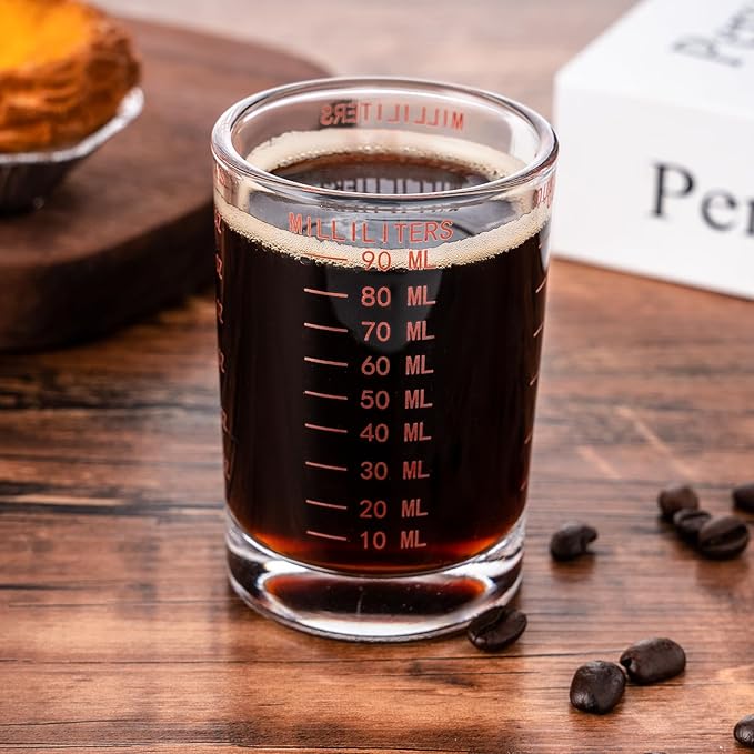 2 Pack Shot Glass Measuring Cup Set,3 oz/90 ML Liquid Heavy High Espresso Glass Cup,Dishwasher Safe,Measurement of Dry and Liquid Ingredients(Red Line)