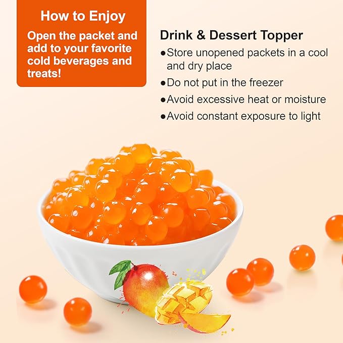 J WAY Bursting Popping Mango Boba Pearls, Mango Syrup, Non-Dairy, Fat-Free Popping Tapioca Boba for Beverages, Sweets, Ice Cream, 1.8oz (Pack of 6)