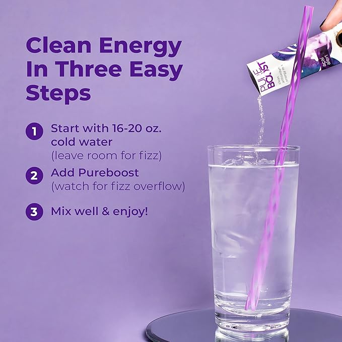 Pureboost Clean Energy Booster, Refreshing Energy Drink Mix with B12 Vitamins, Electrolytes, Antioxidants, Sugar-Free with No Sucralose (Acai Alert, 30 Count)