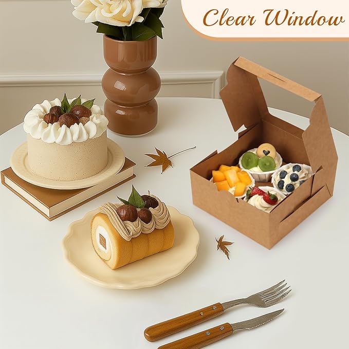 OAMCEG 80 Pack Cookie Boxes with Window, 6x6x3 Inches Brown Bakery Treat Boxes with Stickers & Twine for Pastry, Desserts, Strawberries, Cupcakes, Gift Giving