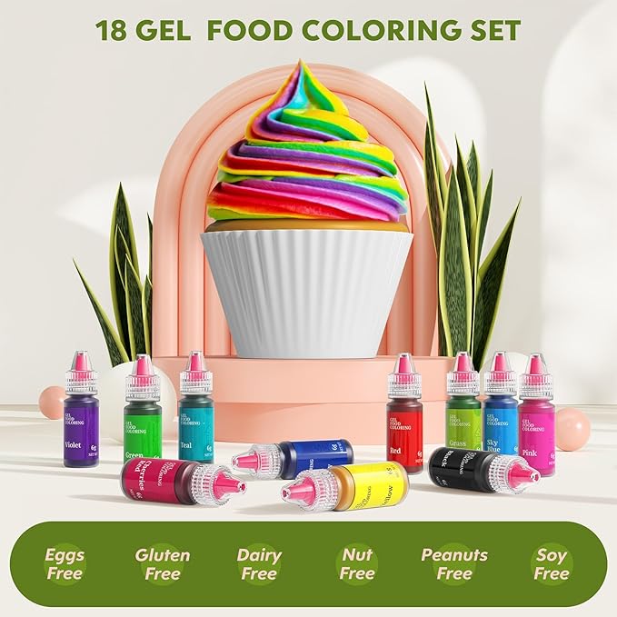 Gel Food Coloring,18 Baking Coloring Gel Set for Cake,Cookie Easter Egg Decorating,Cherrysea Edible Vibrant Food Dye for Baking Icing,Fondant,Macaron,Frosting,Gluten Free,Vegan Tasteless - 6g/Bottle