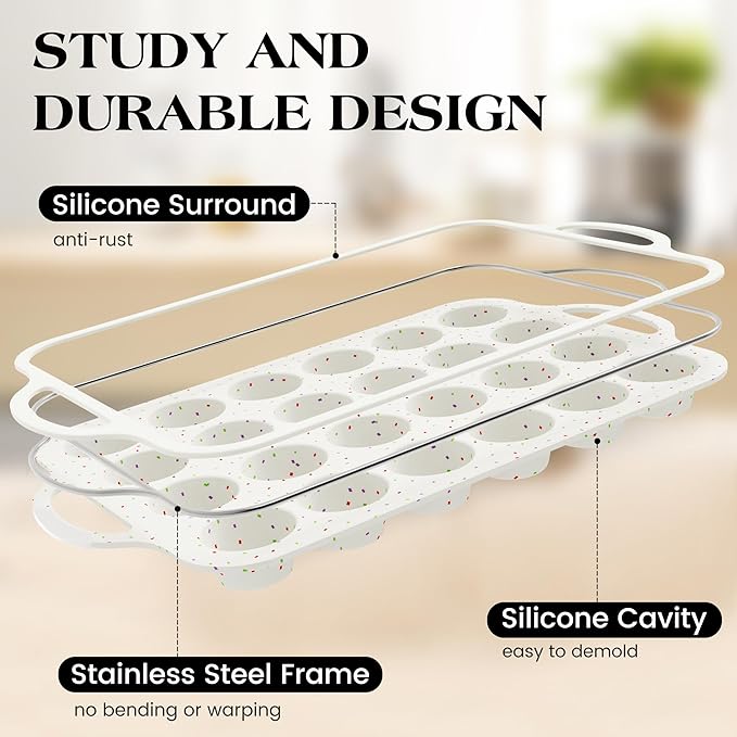 2 Pcs Silicone Mini Muffin Pan With Metal Frame, 24 Cups Nonstick Cupcake Tray for Baking, Small Muffin Molds with Handles (Cream)
