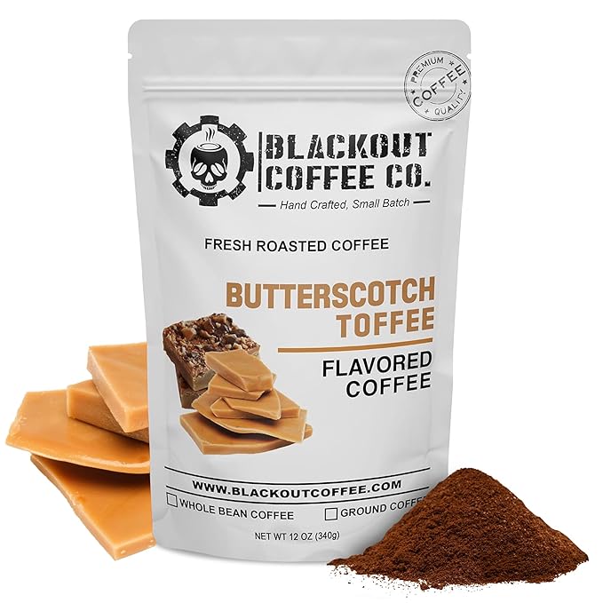 Blackout Coffee Butterscotch Toffee Flavored Medium Roast - Freshly Roasted in the USA - 12 oz Ground Coffee Pouch