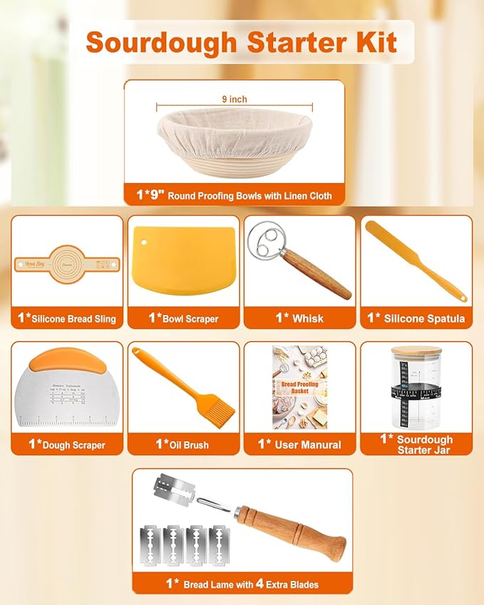 Sourdough Bread Baking Supplies Tools,9 Inch Round Banneton Bread Proofing Basket Set,Sourdough Starter Kit Gift for Bread Making