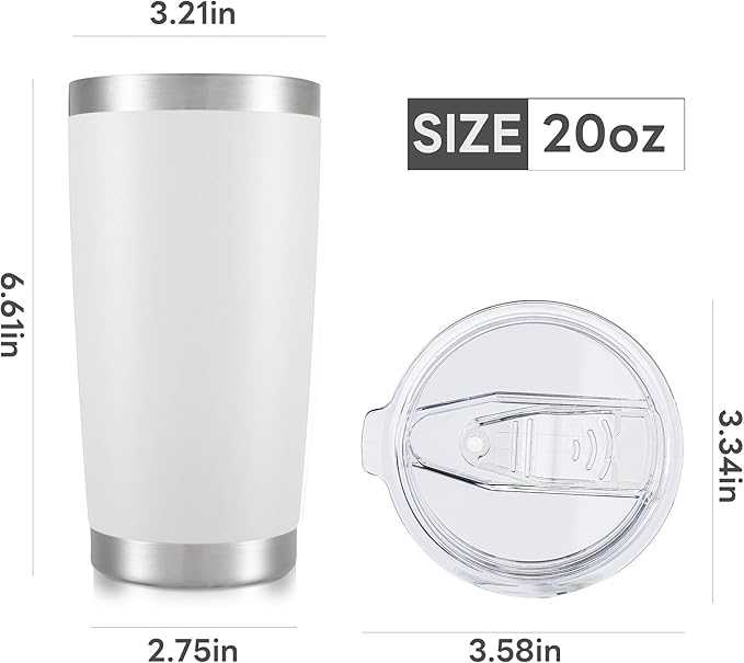 20 oz Tumbler with Lid Stainless Steel Insulated Tumblers Bulk Double Wall Vacuum Cups Powder Coated Travel Mug Keep Drink Cold and Hot, White, 8 Pack