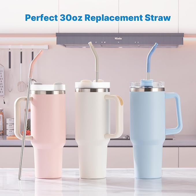 Repeatable Metal Straw with Silicone Tips for 30 oz Stanley Tumbler, 2 Pcs 30 oz Stainless Steel Straws Replacement for Stanley Tumbler, 1 Straw Brush, BPA Free（Black）