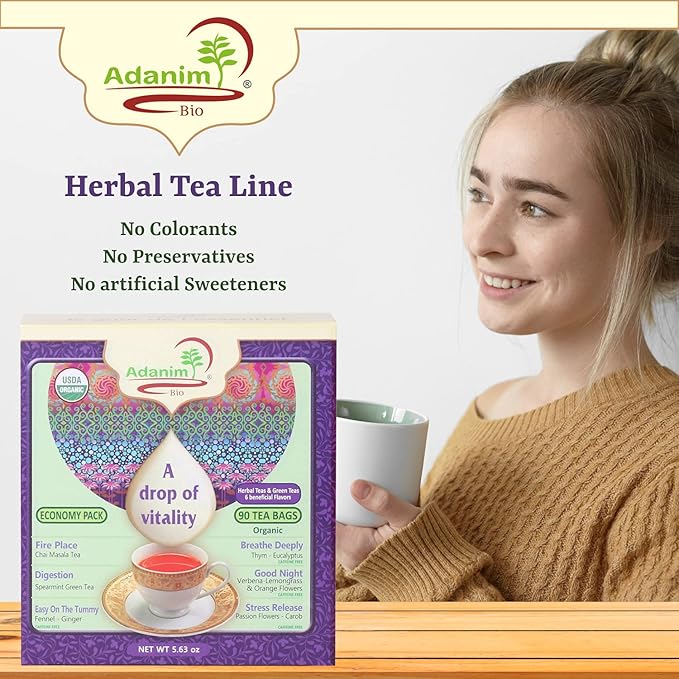 Adanim Bio Tea Sampler Gift Set Box, 6 Flavors Organic Herbal Tea Set, Total of 90 Tea Bags, Full of Aroma Scented Fragrance, Tea Lovers Gift Ideas For Christmas