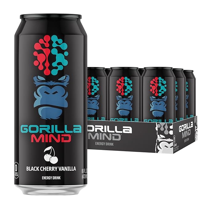 Gorilla Mind Energy Drink | Unmatched Energy · Amplified Focus | N-Acetyl-L-Tyrosine, Alpha-GPC, 200mg Caffeine, Uridine, Saffron | 0 Sugar Or Artificial Colors | 16oz, 12-Pack (Black Cherry Vanilla)