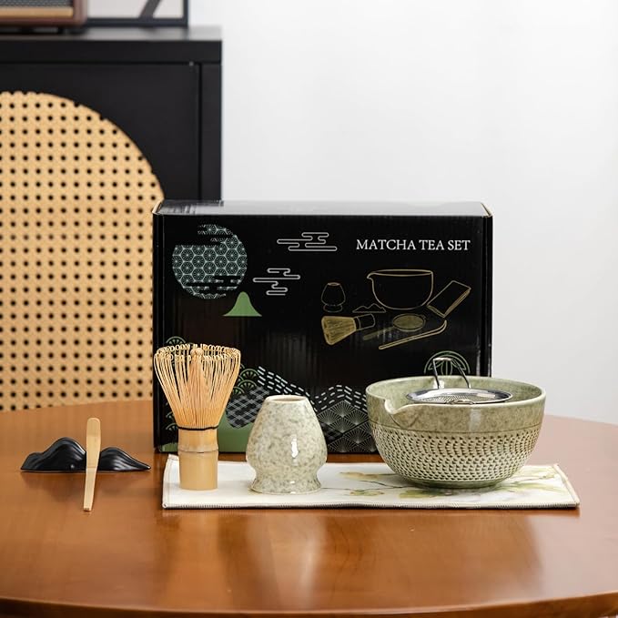 Japanese Matcha Ceremony Accessory, Matcha Whisk, Traditional Scoop (Chashaku), Tea Spoon, Whisk Holder, 1 tea bowl, 1 tea siev, The Perfect Set to Prepare a Traditional Cup of Matcha.