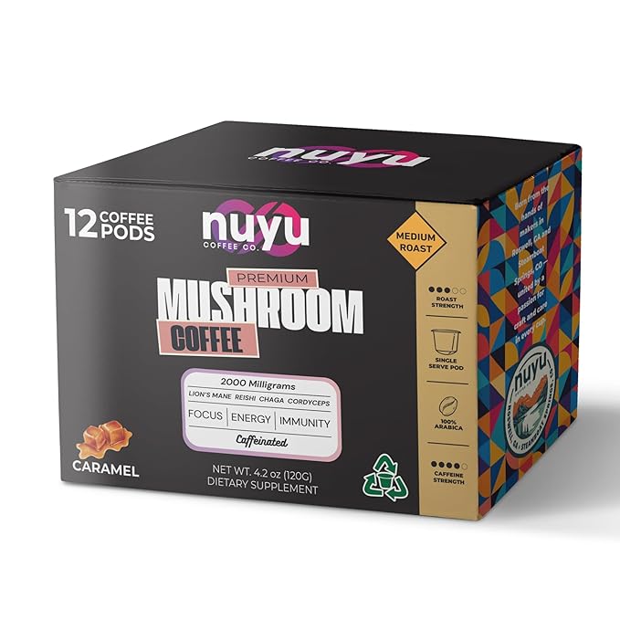 Nuyu Mushroom Coffee Pods, Caramel, K-Cups, 100% Medium Roast Arabica Coffee with Lion's Mane, Reishi, Chaga, Cordyceps, 2000mg per Pod (12, Caramel)