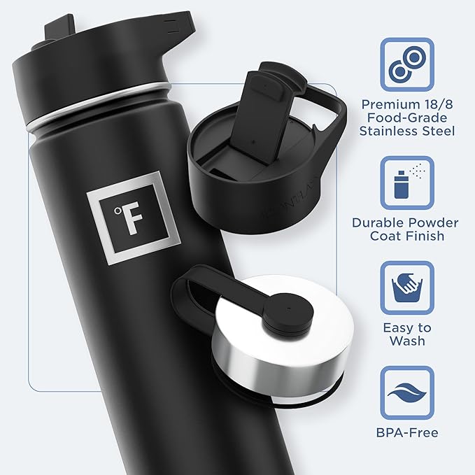 IRON °FLASK Camping & Hiking Hydration Flask with 3 Lids - Stainless Steel, Double Walled & Vacuum Insulated Water Bottle - Leak Proof & BPA Free (Blue Waves, Straw - 22 oz)