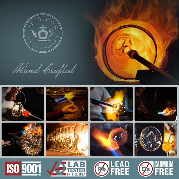 Teabloom Puresteep Glass Tea Infuser with Lid & Drip Tray – Borosilicate Glass Loose Leaf Steeper with Stainless Steel Chain – Non-Toxic – Small or Large Size