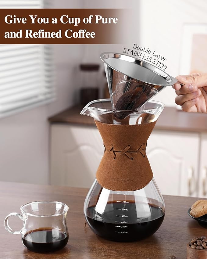Pour Over Coffee Maker with Double-Layer Stainless Steel Filter - 27 oz Pour Over Coffee Dripper with Leather Collar, Heat Resistant 5 Cups Glass Coffee Carafe with Cork Lid for Hand Brewing Lovers