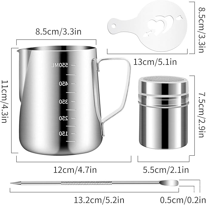 Stainless Steel Milk Frothing Pitcher 20oz/600ml for Milk Cappuccino Coffee Stencils Latte Art, Milk Jug Cup with Decorating Art Pen, Powder Shaker, 16 Pieces Coffee Decorating Stencils