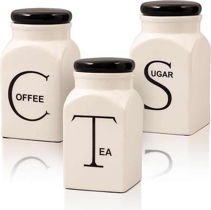 Ceramic Canister Set of 3 – Small Kitchen Canisters for Sugar, Coffee & Tea – Airtight Food Containers with Lids – Coffee Canister, Sugar Container, Tea Set