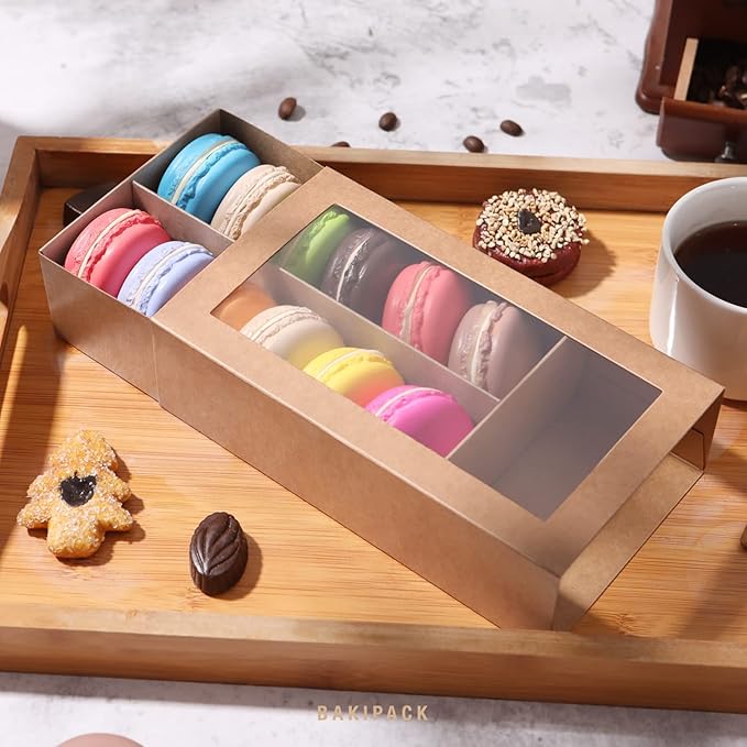 BAKIPACK 15 Macaron Boxes, Macaron Gift Box for 12 (Interior Measurement 7.3×4.2 ×1.9 Inches), Macaron Packaging Boxes with Clear Window Kraft without Macarons inside