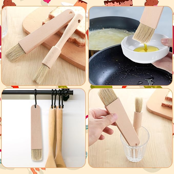 2 Sets Cooking Brush with Wooden Handle Natural Bristles Oil Brush for Cooking Butter Brushes for Oil and Sauce Pastry Brushes for Baking Kitchen Basting Spreading Baking Grilling Bbq Barbecue Food