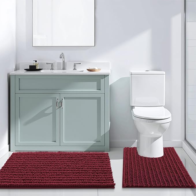 Arotive Luxury Chenille Bathroom Rug Mat, Extra Soft Thick Absorbent Shaggy Bath Rugs, Non-Slip Machine Wash Dry, Plush Bath Mats for Bathroom, Shower and Tub, 54x24, Burgundy