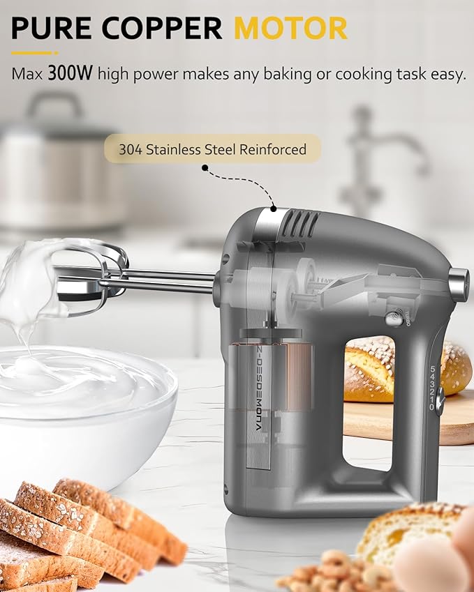 Electric Hand Mixer, Powerful Hand Mixer Electric Handheld with 304 Beaters, Dough Hook,Hand Held Mixer with Turbo for Baking Cakes, Eggs, Cream Food(Grey)