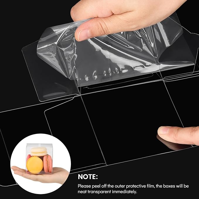 45 Pack 3x3x3 Inches Clear Favor Boxes with Ribbons, Transparent Plastic Cube Treat Boxes for Candy Goodie Gift, Small Individual Hot Cocoa Bomb Packaging Box