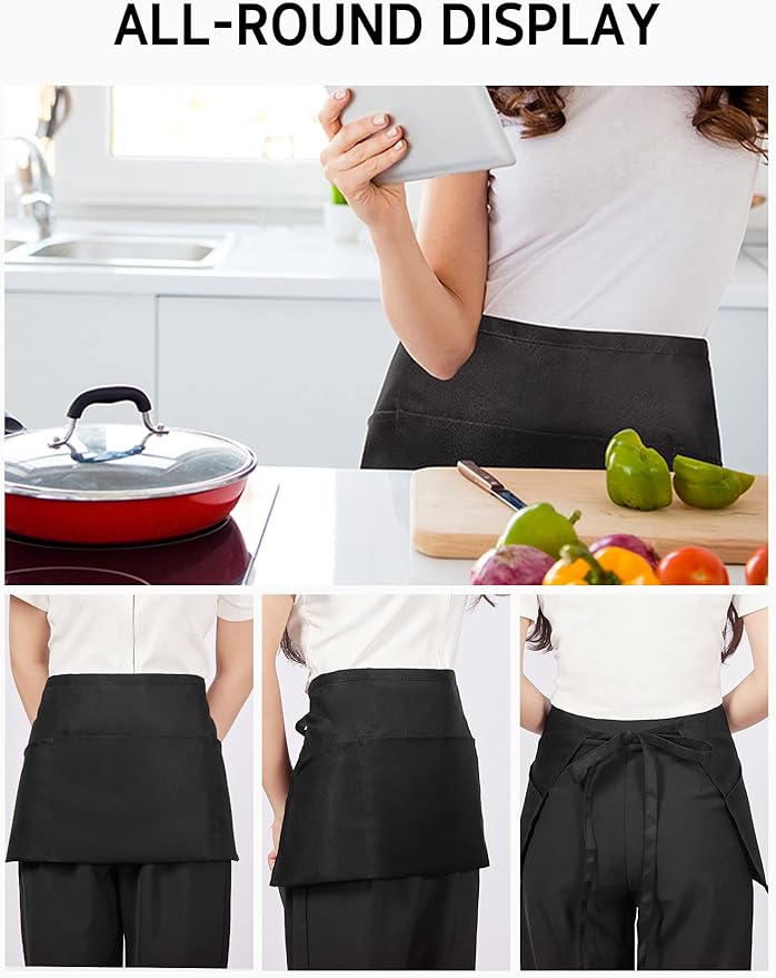 Syntus 6 Pack Server Apron with 3 Pockets, Waterdrop Resistant Waitress Waiter Waist Apron, 11.5-inch Black