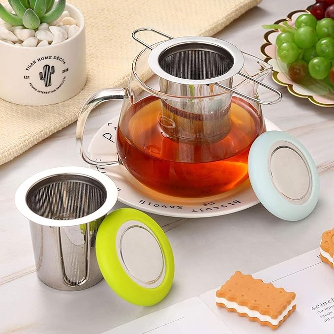4 PCS Tea Strainer with Lid 304 Stainless Steel Tea Infuser Basket for Loose Tea Extra Fine Mesh Tea Diffuser Long Handle Tea Strainers Filters for Hanging on Teapots Mugs Cups