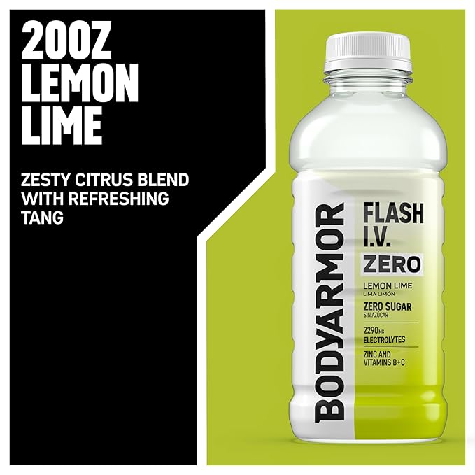 BODYARMOR Flash I.V. Zero Sugar Electrolyte Beverage, Lemon Lime, Hydration Drink For Rapid Rehydration, Post Workout Recovery, 20 Fl Oz (Pack of 12)
