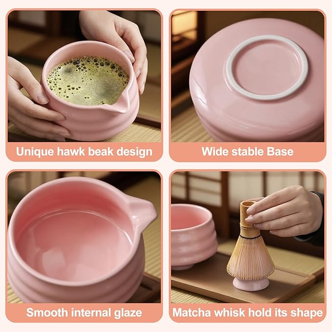 Matcha Whisk Set, 7PCS Matcha Set Includes Ceramic Matcha Set Includes Matcha Bowl, Matcha Whisk and Holder, Bamboo Scoop, Scoop Rest, Sifter and Tea Towel, Gift Bag (Pink)