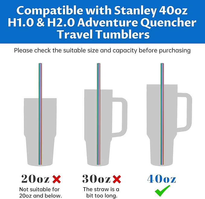 Tomorotec 8PCS Stainless Steel Straws for Stanley Tumbler 40oz, 12" Metal Straws for Stanley Cup with Brush, Reusable Drinking Straws for Smoothies, Milkshakes, Dishwasher Safe & BPA-Free (Iridescent)