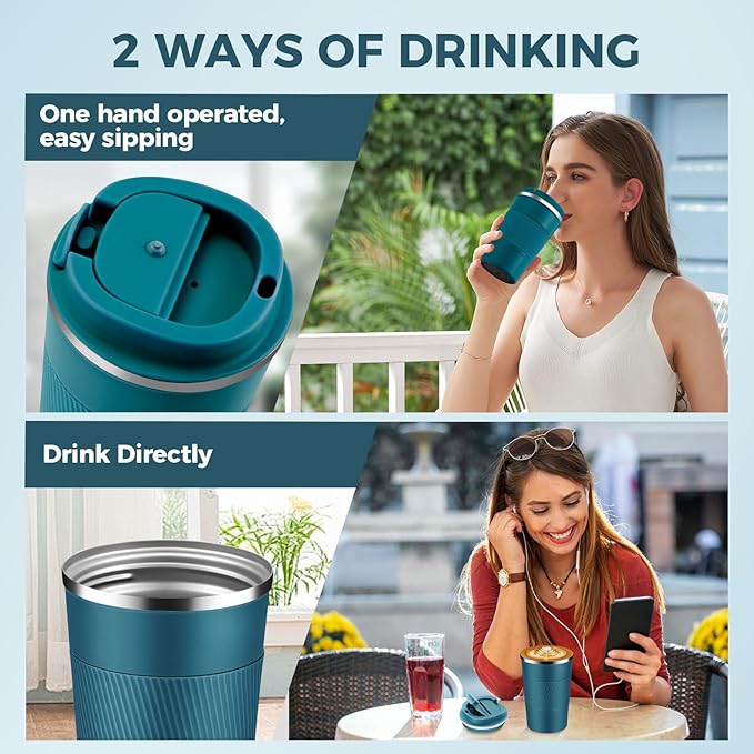 Volhoply 13 oz Stainless Steel Insulated Travel Coffee Mug with Fip Lid Bulk 2 Pack,Reusable Double Wall Vacuum Metal Coffee Cup,Portable Leak Proof Thermal Tumbler for Hot&Cold Drinks(Assort Color,2)