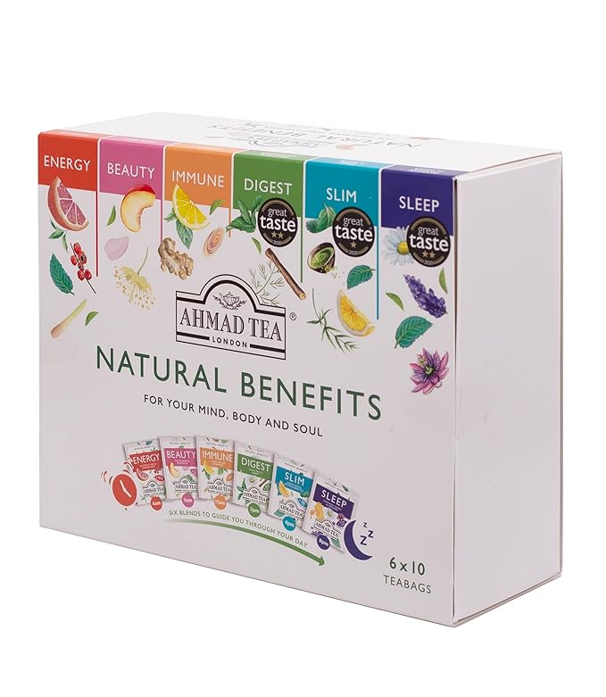 Ahmad Tea Natural Benefit Functional Tea Selection Pack | Green teas, Fruit & Herbal Infusions | Perfect herbal tea gift - 60 Teabag Sachets | 6 blends
