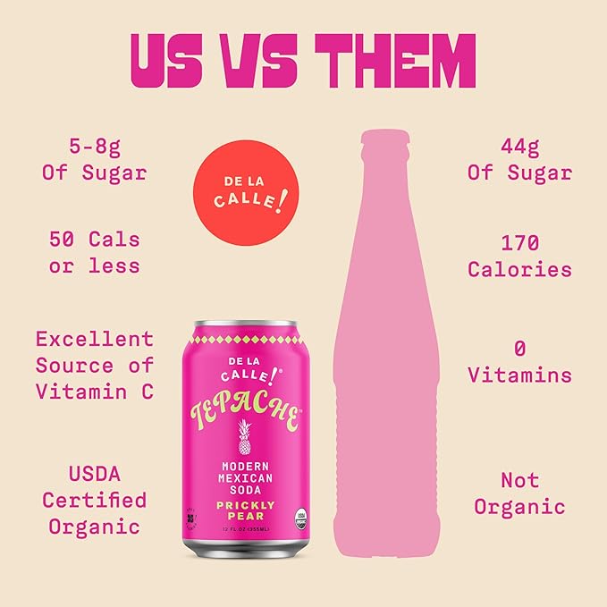 De La Calle Tepache - Cactus Prickly Pear - Modern Mexican Soda - Craft Fermented Pineapple Sparkling Beverage - Certified Organic, Antioxidant Rich, Non-Alcoholic, Healthy Soda, Low Sugar, Low Calorie, Non-GMO