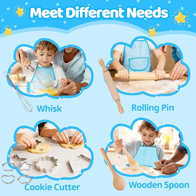 11 PCS Kids Chef Costume Set, Cooking & Baking Toys for Toddlers 3-8 with Adjustable Apron, Pretend Play Gift for Boys & Girls Birthday Xmas（Blue）