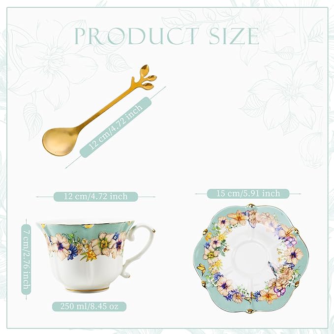 TATSUMI Country Roses Bone China Tea Cup and Saucer Set, 6 Pieces, Vintage Style, For Women and Tea Parties(Dutch Blue,2 Sets)