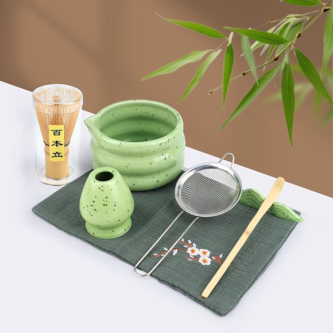 Goldmeet Matcha Set 7 Pcs Matcha Green - Japanese Tea Ceremony Kit with Bowl, Whisk, Holder, Scoop, Strainer - Matcha Gift Set