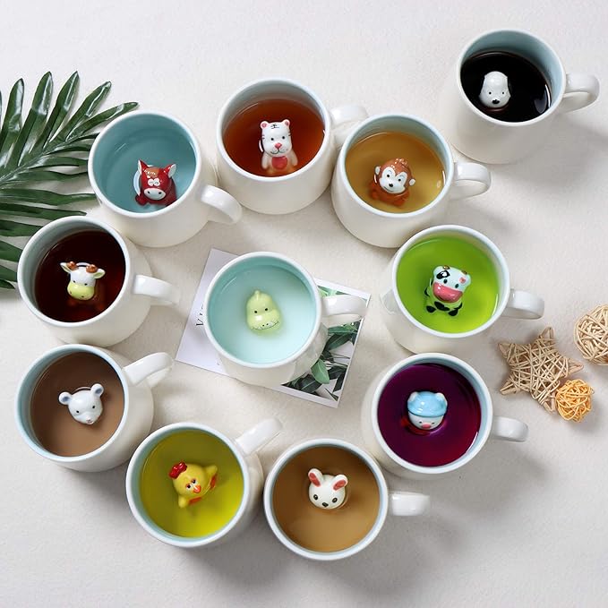 Rabbit Ceramic Cup Hidden 3D Animal Inside Mug,12 oz Cute Cartoon Handmade Figurine Mugs,Christmas Birthday Surprise for Friends Family or Kids (Rabbit)