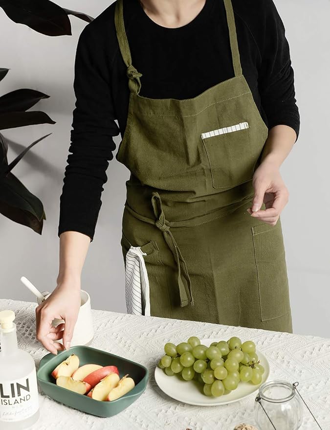Adjustable Japan Nordic Style Soft Cotton Linen Apron with Four Pockets A Towel