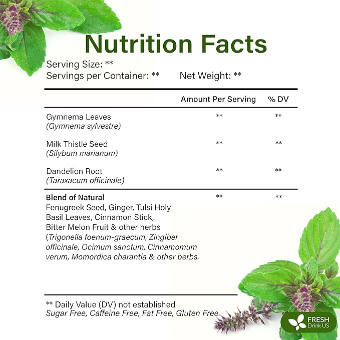 FreshDrinkUS, Premium 75 Tea Bags Glucose Functional Tea – Herbal Blend with Gymnema, Cinnamon, Bitter Melon, Tulsi & More –– Caffeine-Free. Sugar-Free. Gluten-Free. Vegan