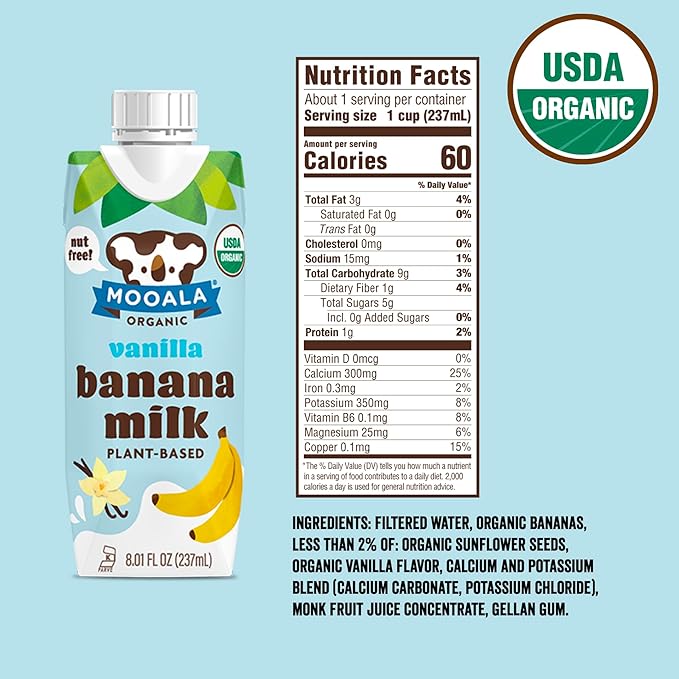 Mooala - Organic Vanilla Bananamilk, Lunchbox Friendly, Shelf-Stable, Non-Dairy, Nut-Free, Plant-Based Beverage, On the Go 12 Pack