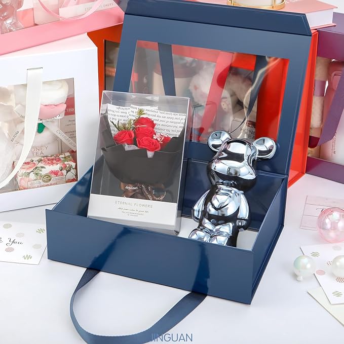 JINGUAN Navy Blue Gift Box with Window, Clear Magnetic Gift Box for Present, Groomsman Proposal Box (10.5x7.5x3 Inches)