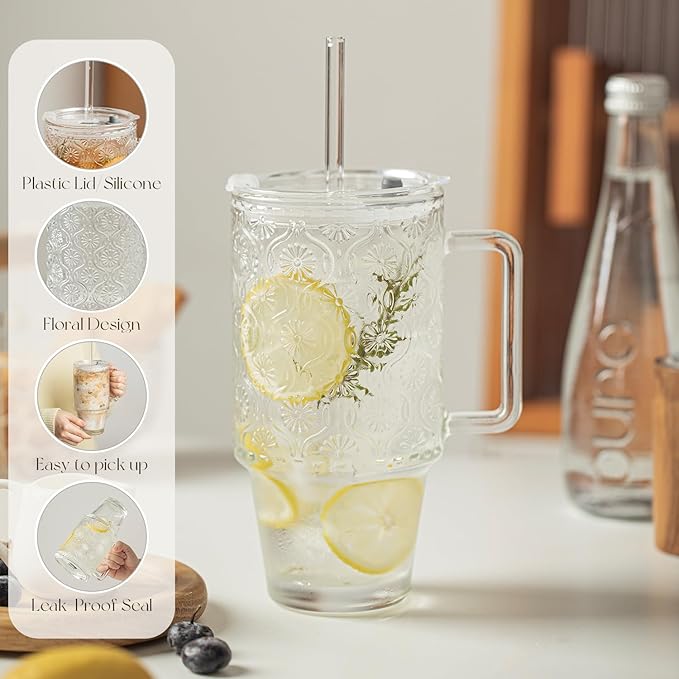KEMORELA 2 Pack 24oz Glass Tumbler with Straw and Lid - Iced Coffee Cups with Handle, Reusable Smoothie Cup for Cold Drinks, Begonia Pattern, Dishwasher Safe