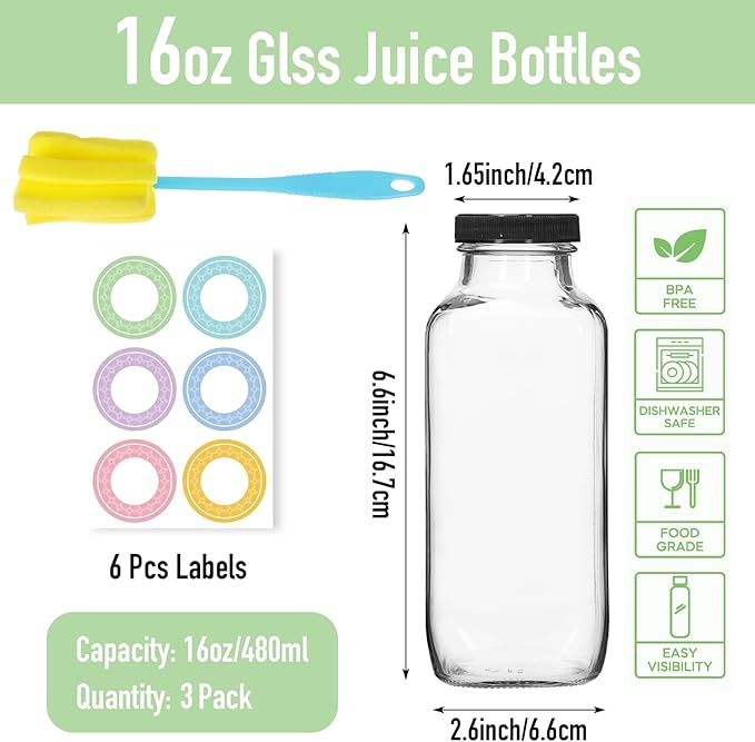 3 Pack 12oz Glass Water Bottles, 350ml Empty Glass Juice Bottles with Black Lids, Brush & Labels, Clear Reusable Drinking Jars for Juicing, Homemade Smoothies, Beverages