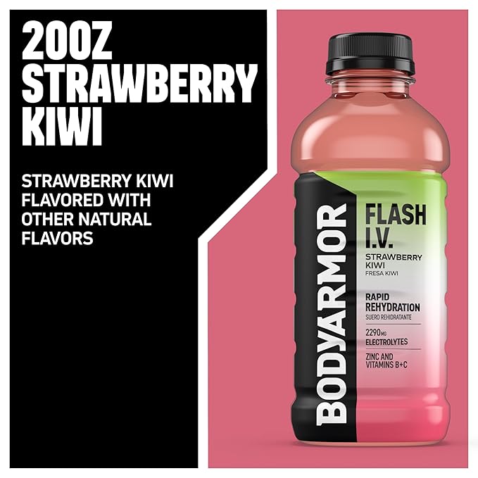 BODYARMOR Flash I.V. Electrolyte Beverage, Strawberry Kiwi, Hydration Drink with Coconut Water For Rapid Rehydration, Post Workout Recovery, 20 Fl Oz (Pack of 12)