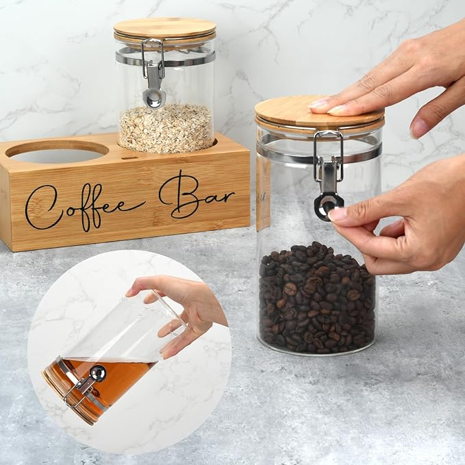 Glass Coffee Canister Set with Bamboo Shelf & Spoon - 2 Airtight Containers (47oz Each) for Coffee Beans, Ground Coffee, Sugar, Flour - Borosilicate Glass & Bamboo Lid with Silicone Seal