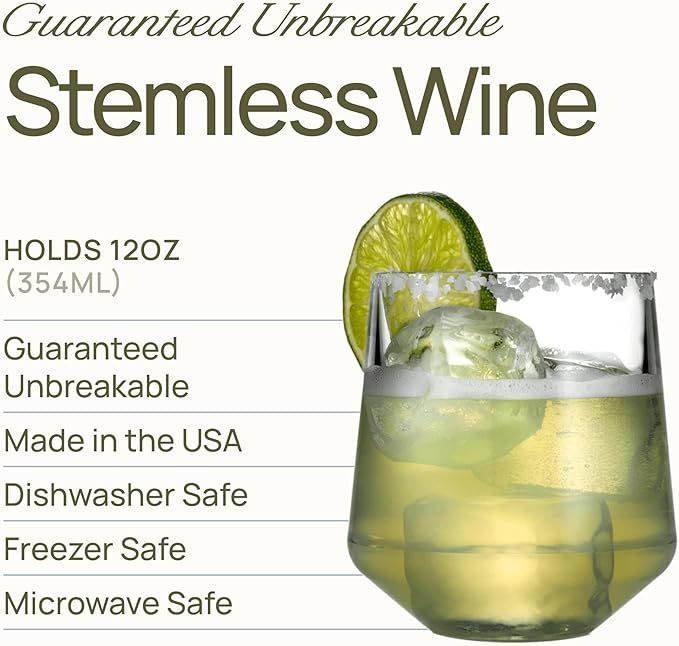 Drinique Unbreakable Stemless Wine Glasses (Set of 4) 12oz Tritan Plastic Stemless Glassware for Indoor or Outdoor Use - Red