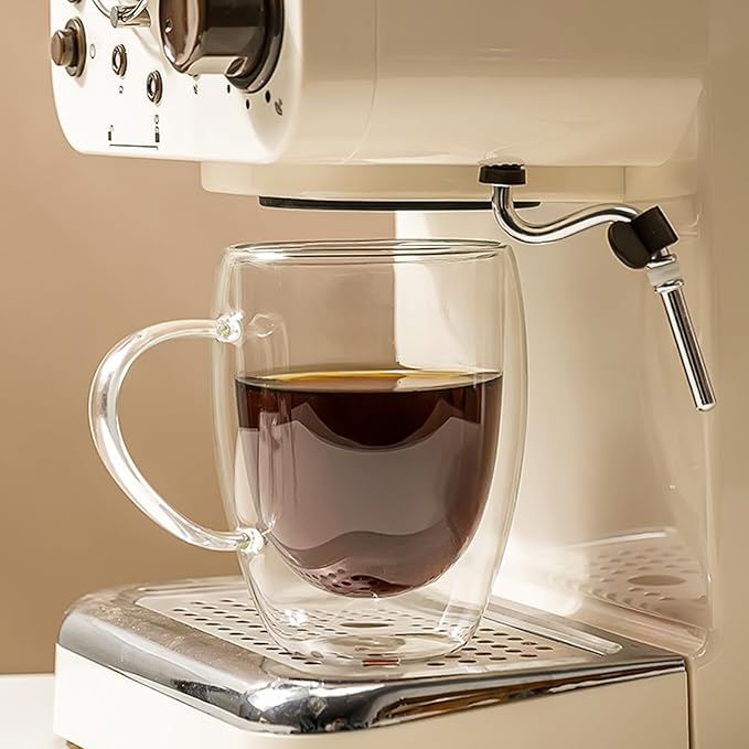 12OZ Double Wall Glass Cups With Handle, Large Glass Mugs Espresso Cups Set of 2, 330ML Clear Coffee Cup, Double Wall Insulated Mugs, Microwave Dishwasher Safe