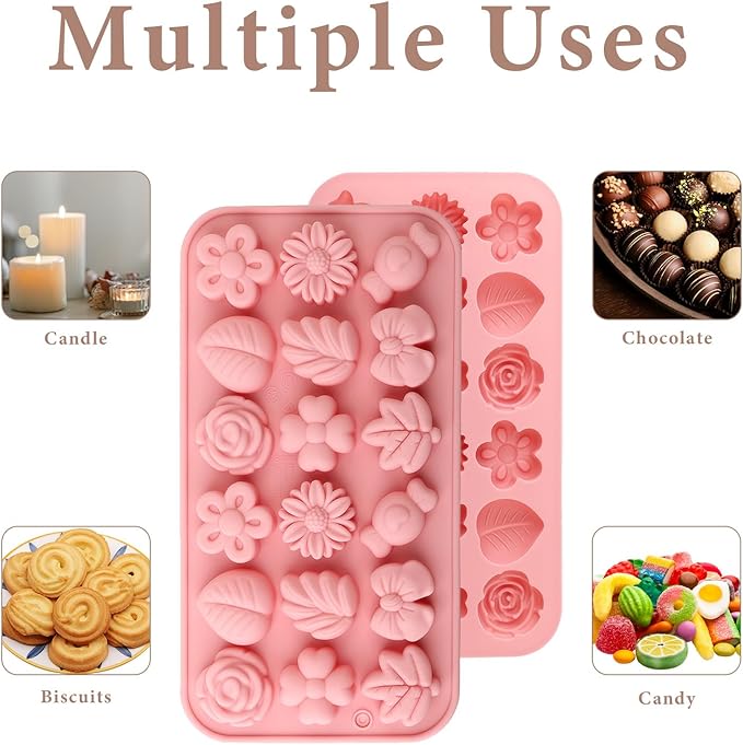 2Pcs Silicone Flower Molds for Cakes, Cupcakes, Chocolate, Candy, Sugar Craft, and Resin Crafts - Pink Flower Mold Set(Pink)