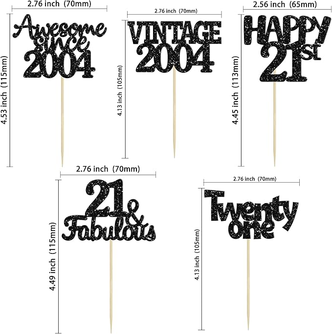 Gyufise 30pcs Vintage 2004 Cupcake Toppers Glitter Twenty-One Happy 21st Cupcake Picks Fabulous Anniversary Party Supplies Black