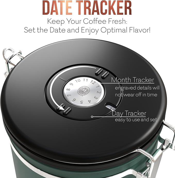 38oz / 22oz Coffee Canister – Airtight Stainless Steel Storage Container with Date Tracker & Scoop, Sealed Jar for Grounds, Beans, Tea, Flour, Cereal, and Sugar (Green Vibes, 38OZ)